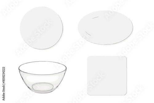 Assortment of white ceramic plates and clear glass bowl set