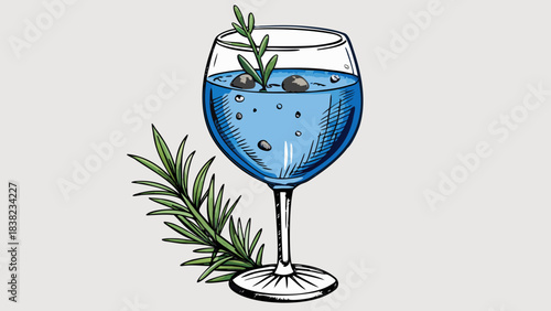 A refreshing blue cocktail garnished with olives and a sprig of rosemary.