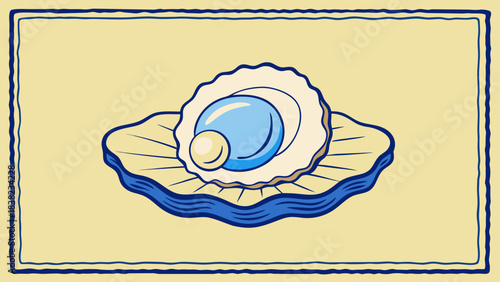 A beautifully illustrated blue oyster on a shell against a soft yellow background, showcasing elegant design and color contrast.