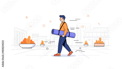 Young caucasian male walking with yoga mat in urban park setting