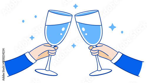 Two elegant hands toasting with glasses of sparkling water, symbolizing celebration and friendship.
