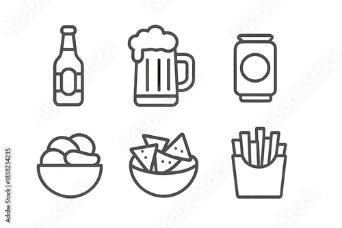 Collection of bar snacks and beverage icons featuring beer bottle mug and can
