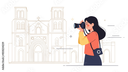 Asian female young adult photographer capturing historic cathedral architecture