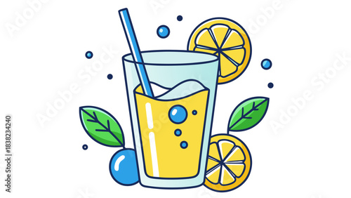 A refreshing glass of lemonade with lemon slices and mint leaves, illustrated in vibrant colors.