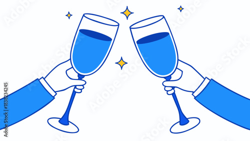 Two hands raise glasses, celebrating with blue liquid, sparkling accents create a festive mood.