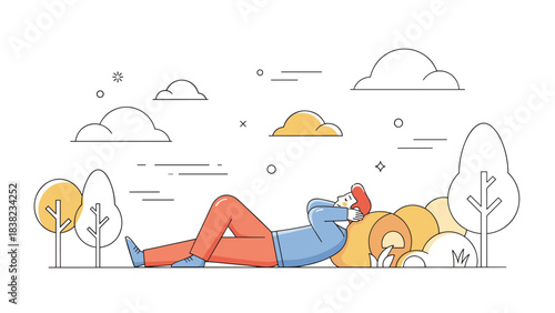 Young male relaxing in nature: minimalist illustration of calm outdoor scene