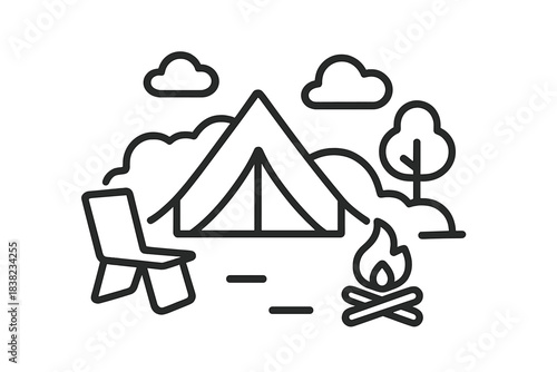 Outline of camping setup with tent chair and burning campfire