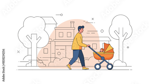 Young adult asian male strolling with baby in park with modern pram