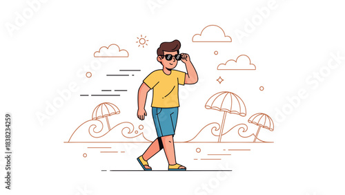 Young caucasian male in sunglasses walking on beach with umbrellas and waves