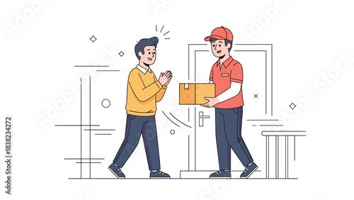 Young caucasian male receiving package from delivery man at doorstep