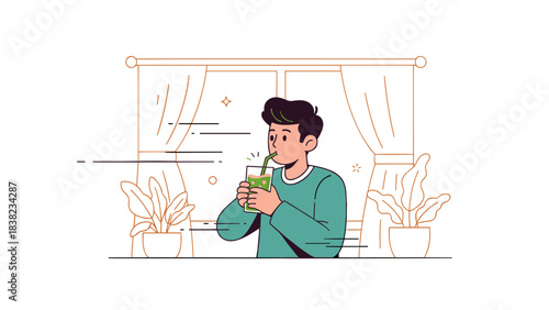 Young asian male enjoying a fresh juice drink by the window