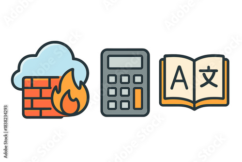 Cloud security firewall calculator and language translation book icons