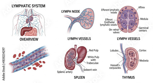 Detailed anatomical diagrams illustrating the human lymphatic system, including lymph nodes, spleen, and thymus structures.