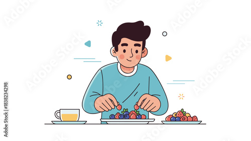 Young male preparing fruit salad with tea in a relaxed setting