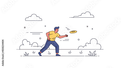 Young asian male playing frisbee in park with cloudy sky and minimalist outline style