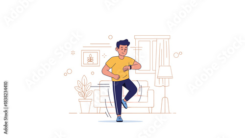 Caucasian young male exercising indoors with smartwatch and smiling in living room