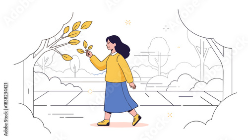 Asian female young character strolling in park with autumn leaves
