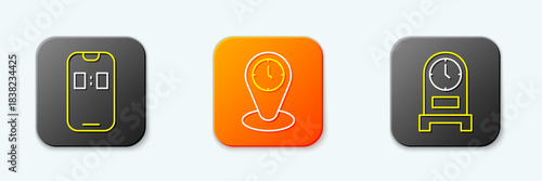 Set line Alarm clock app mobile, Time zone clocks and Antique icon. Vector