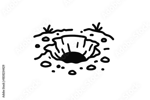 Minimalist black and white graphic of a deep hole in the ground