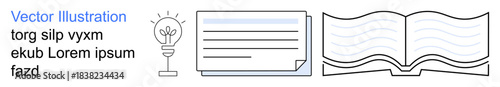 Education, business idea, research, knowledge sharing, learning resources, innovation. Minimalist line icons of a light bulb, document and open book. Education and business idea concept