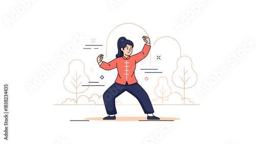 Asian female practicing tai chi outdoors in red attire