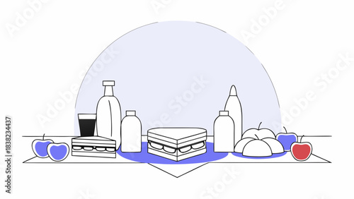 A colorful illustration of various food items, including sandwiches, fruits, and beverages, arranged artfully on a table.
