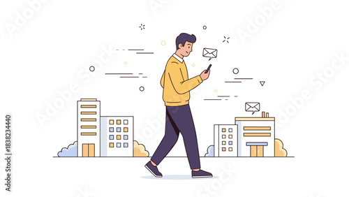 Young caucasian male walking in urban setting using smartphone with messaging icons