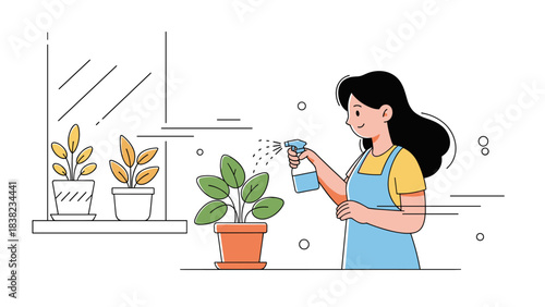 Asian female adult watering plants indoors in a bright room with window light