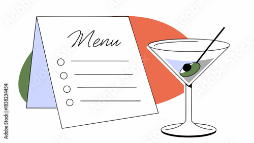 Stylish illustration of a menu beside a classic martini with an olive, perfect for a modern dining experience.