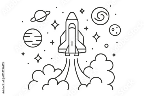 Space shuttle launch ascending through planets and stars outline drawing