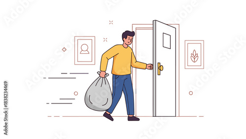 Caucasian young male taking out trash in a minimalist room setting
