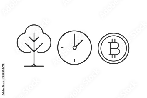Line icons set featuring tree nature symbol, time clock, and digital currency coin