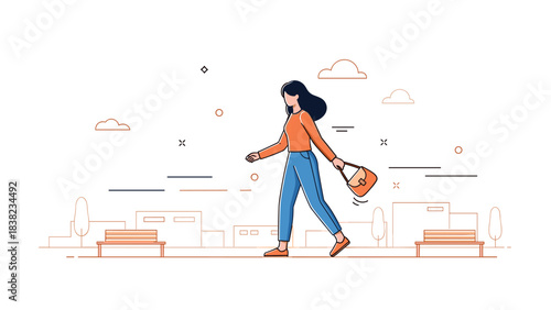 Young asian female strolling outdoors with handbag in urban setting