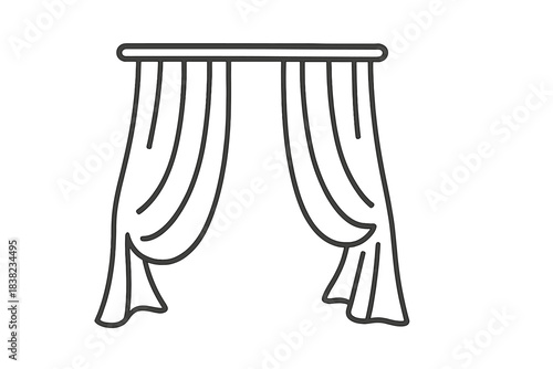 Simple outline icon of open draped window curtains hanging from a rod
