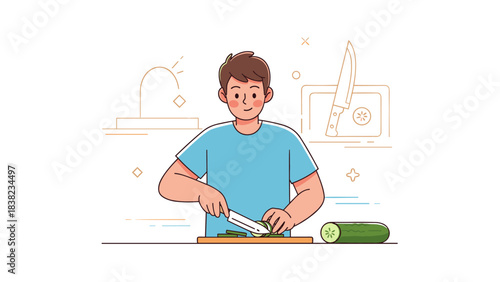Young caucasian male cooking and slicing cucumber in kitchen