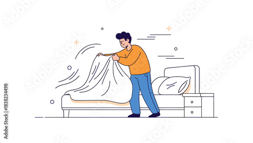 Young male tidying bed in minimalist room with cheerful expression