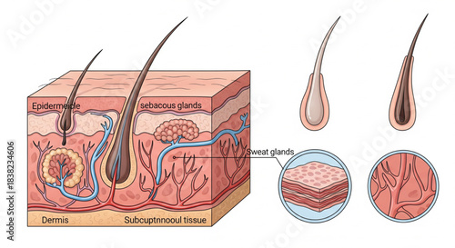 A detailed anatomical illustration of human skin layers, hair follicles, and associated glands.
