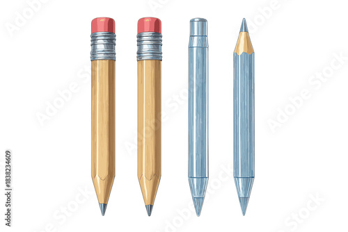 Collection of sharpened wooden and mechanical pencils with attached erasers