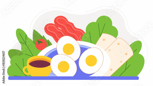 A colorful breakfast plate featuring sunny side up eggs, crispy bacon, fresh greens, and a cup of coffee.