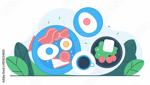 A colorful breakfast spread featuring eggs, bacon, salad, and a cup of coffee, set against a fresh, green background.