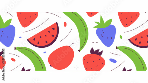 Colorful and playful digital illustration featuring assorted fruits like strawberries, bananas, and watermelon.