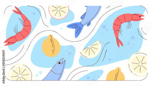 Colorful seafood illustration featuring shrimp and fish with lemon slices on a light blue background.