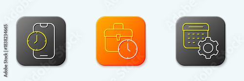 Set line Alarm clock app mobile, Work time and Calendar settings icon. Vector
