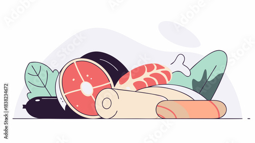 An assortment of fresh meats and vegetables, artfully arranged for a culinary feast.