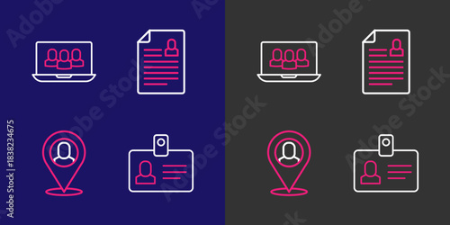 Set line Identification badge, Worker location, Resume and Project team base icon. Vector