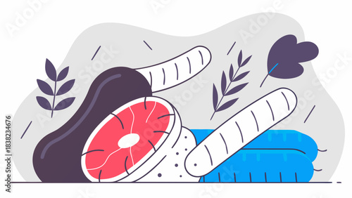 Colorful illustration of assorted meats and vegetables arranged artistically.