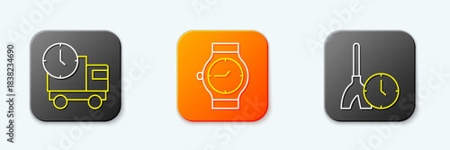 Set line Delivery truck and time, Wrist watch and Cleaning icon. Vector