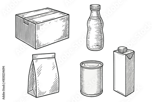 Various grocery packaging items in a hand drawn sketch style
