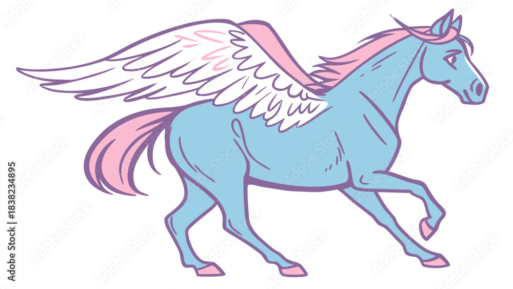 Fototapeta premium A whimsical blue winged horse with pink mane, trotting gracefully against a white background.
