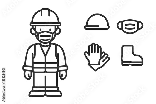 Construction worker safety gear and personal protective equipment icons